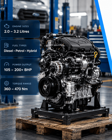 Ford Transit replacement engine in a workshop with engine specification highlights