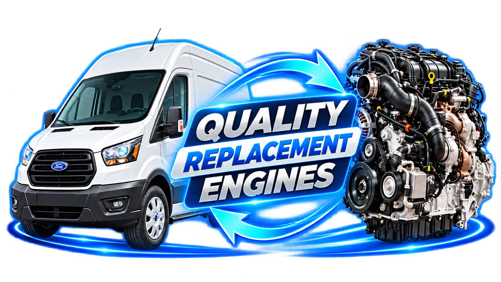 Ford Transit van alongside a replacement engine, connected by blue arrows with the words Quality Replacement Engines